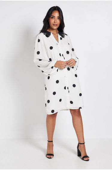 Petite Polka Dot Lace Collar Shift Dress