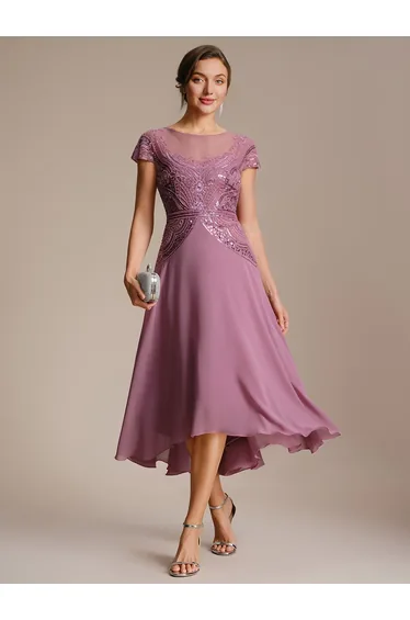 ever NUIT|See-Through Beaded Sheath Round Neck Wedding Guest Dress