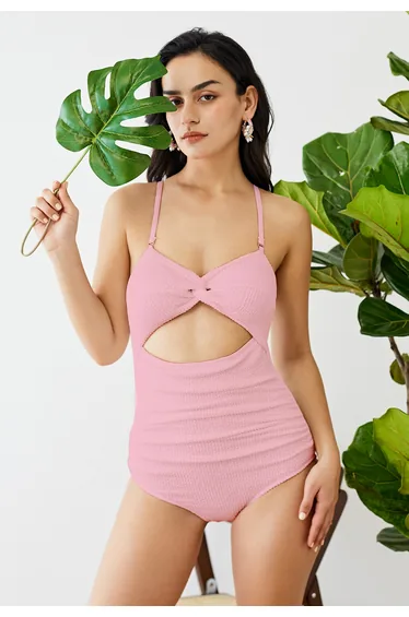 Twisted Cutout Wavy Textured Swimsuit in Pink