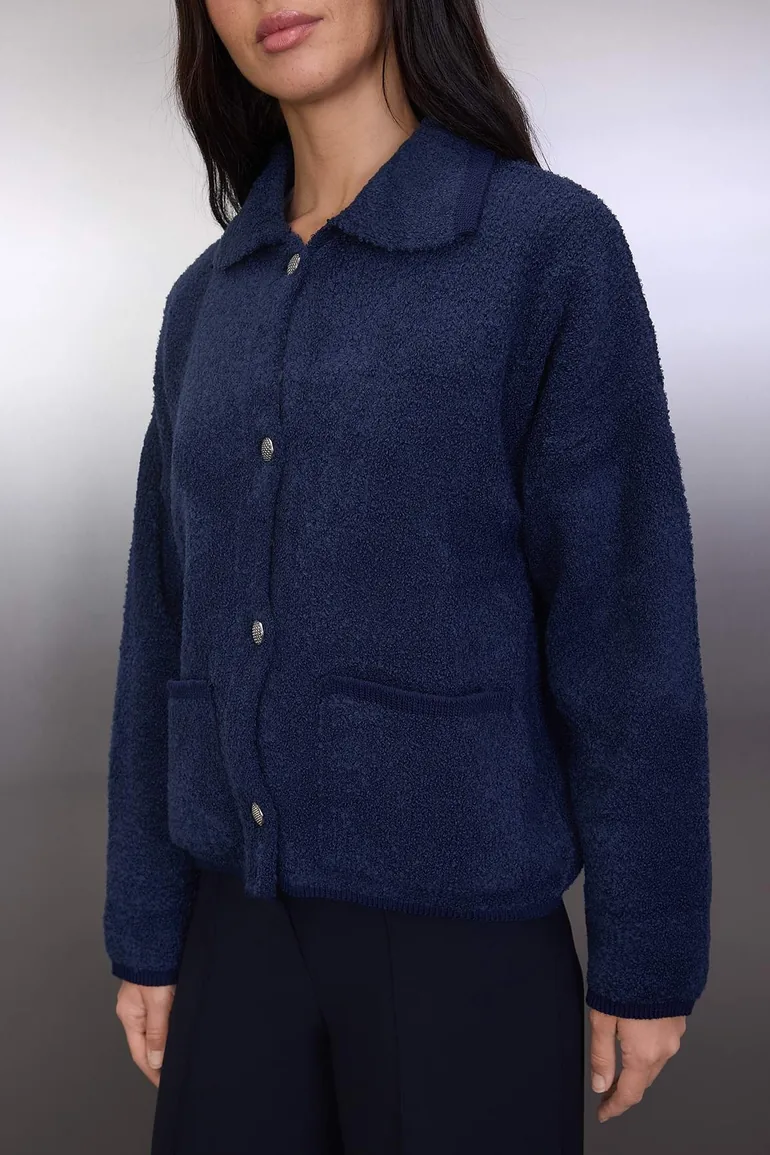 Navy blue wide fit polo neck boucle knit cardigan - 2
