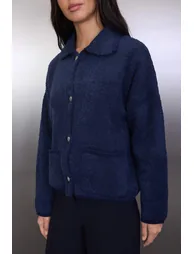 Navy blue wide fit polo neck boucle knit cardigan - 2