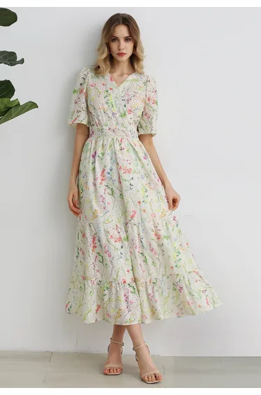 Watercolor Wild Flowers Printed Eyelet Embroidered Faux-Wrap Dress