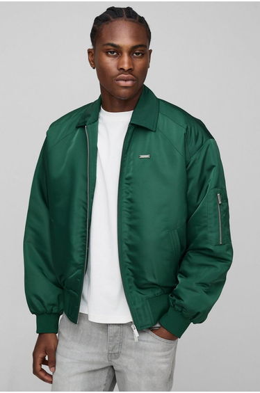 Boxy Fit Satin Look Nylon Collared Bomber Jacket - forest