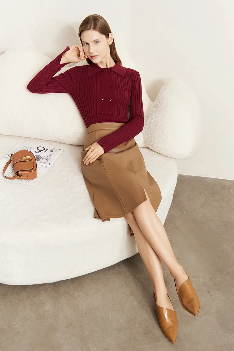Lapel Ribbed Knit Sweater