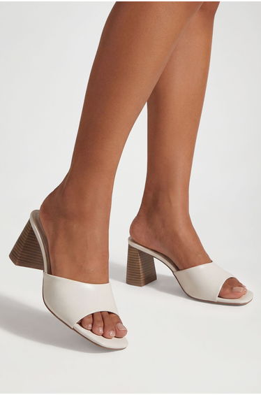 Stack Detail Block Heeled Mules - cream