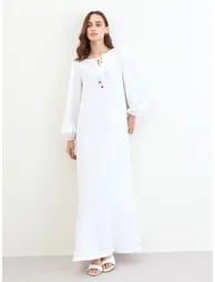 Women White Tie-Up Neck Jalabiya