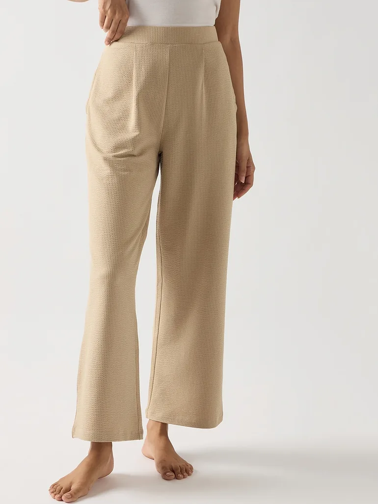 Beige Cotton Knit Straight Fit Pants - 3