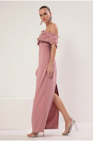 Pale Pink Carmen Collar Flower Applique Detail Woven Long Elegant Evening & Graduation Dress