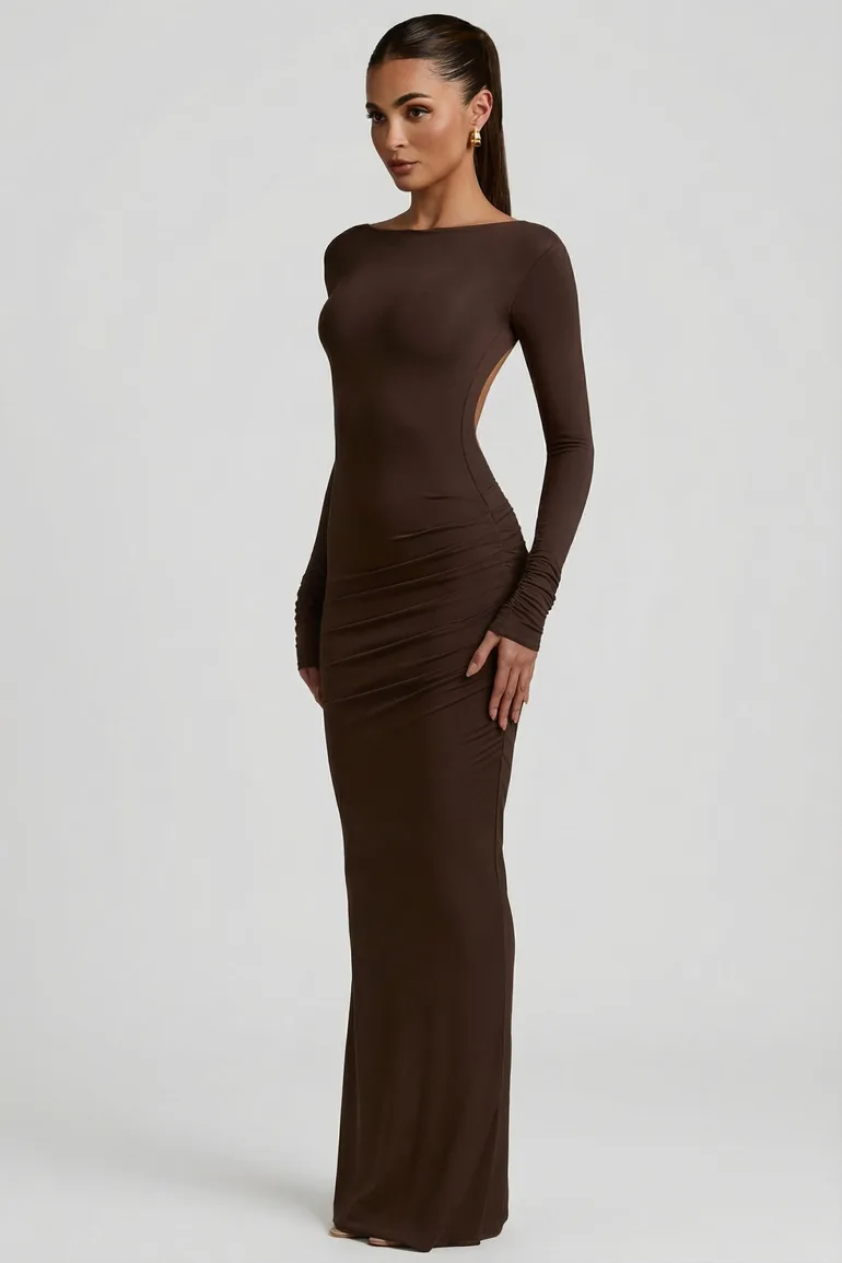 Modal Ruched Backless Maxi Dress in Chocolate Brown - 4