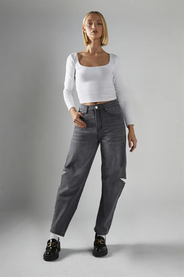 Dark Grey Wash Ripped Straight Jeans