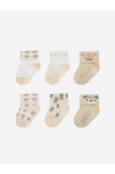 Pack of 6 - Baby Cotton Anti Slip Turn Head Socks 0-6M