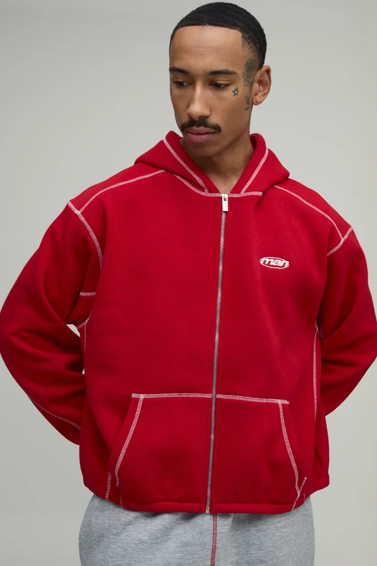 Oversized Boxy Contrast Stitch Zip Through Hoodie - red