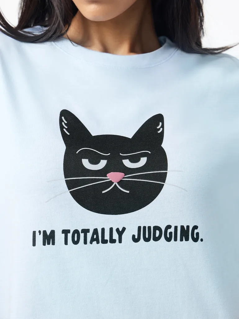 Light Blue Cat Print Regular Fit T-Shirt - 4