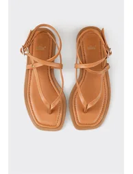 Tan Leather Women's Flip Flops Sandals - 2