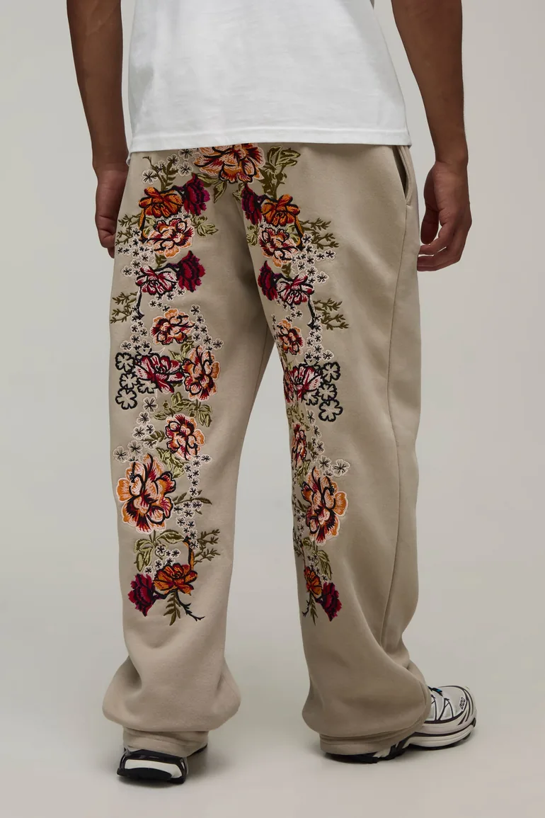 Straight Fit Floral Embroidered Jogger - stone - 1