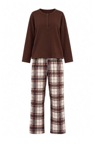 Brown Plaid Soft Tuşe Waffle Knitted Pajamas Set product thumbnail 2