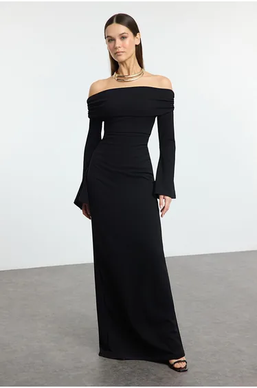 Black Knitted Carmen Neckline Long Stylish Evening Dress