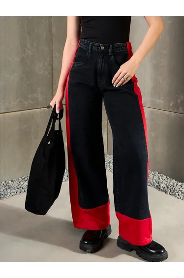 Black Washed Side Color Block Wide Leg Jeans