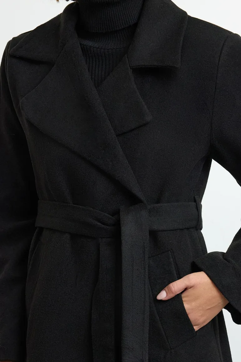 Black Belted Regular Wool Long Topcoat Formed Lined Coat - 3
