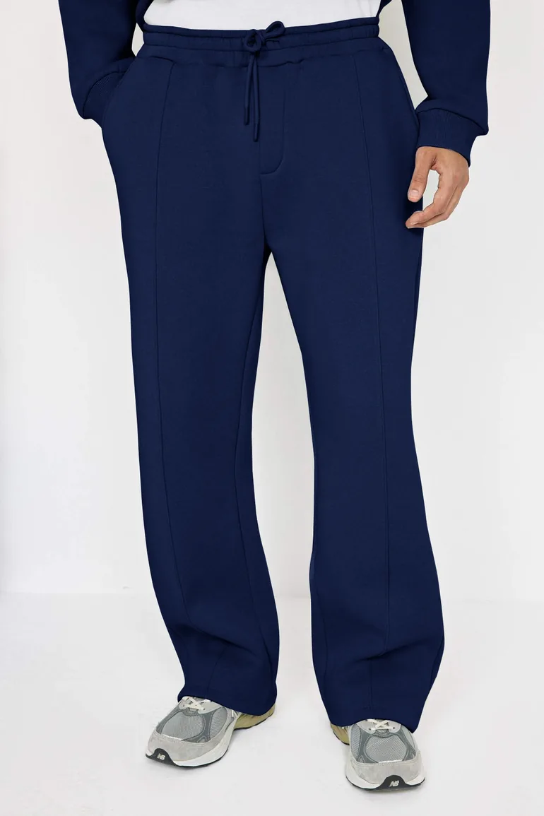 Navy blue top regular bottom straight stand-up collar embroidered fleece-lined tracksuit set - 3
