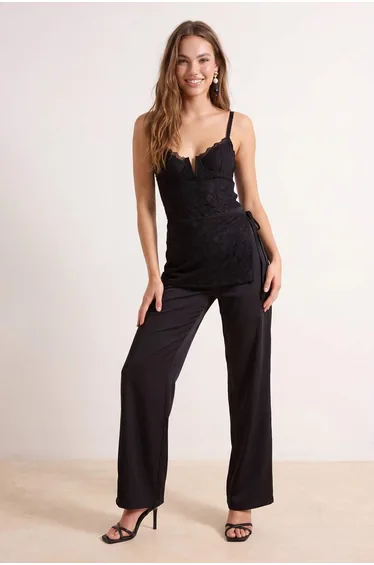 Black lace detailed satin woven party pants