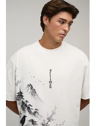 Oversized Landscape Placement Print T-shirt - ecru - 2