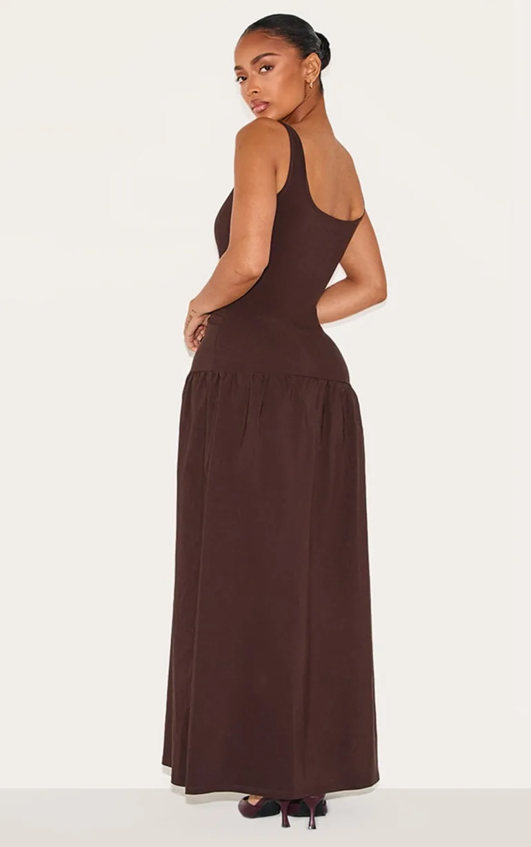Shape Chocolate Stretch Woven Square Neck Dropped Hem Maxi Shift Dress - 1