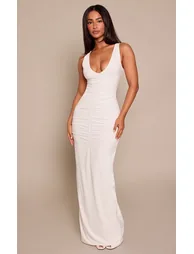 Petite Cream Ruched Front V Neck Slinky Maxi Dress - 5