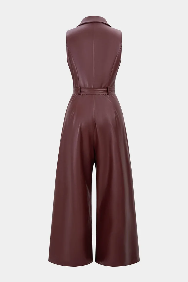 Faux Leather Belted Tank Sleeveless Jumpsuit - 1