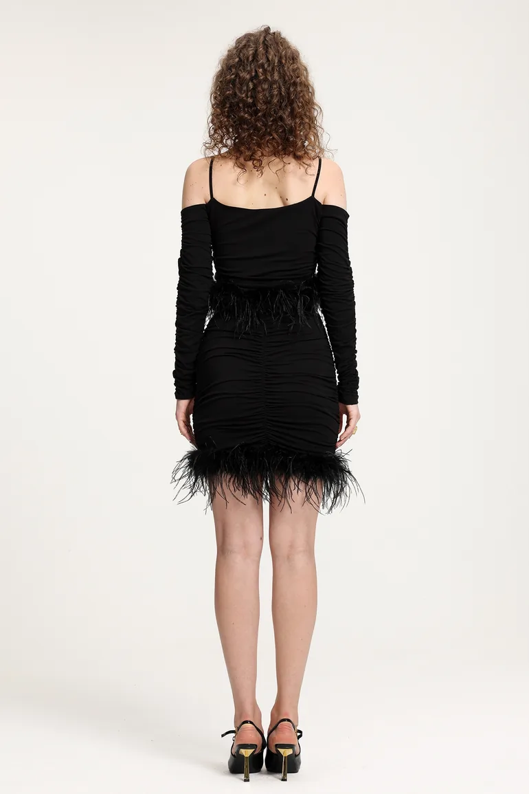 Feather-Trimmed Ruched Off-Shoulder Jersey Set - 5