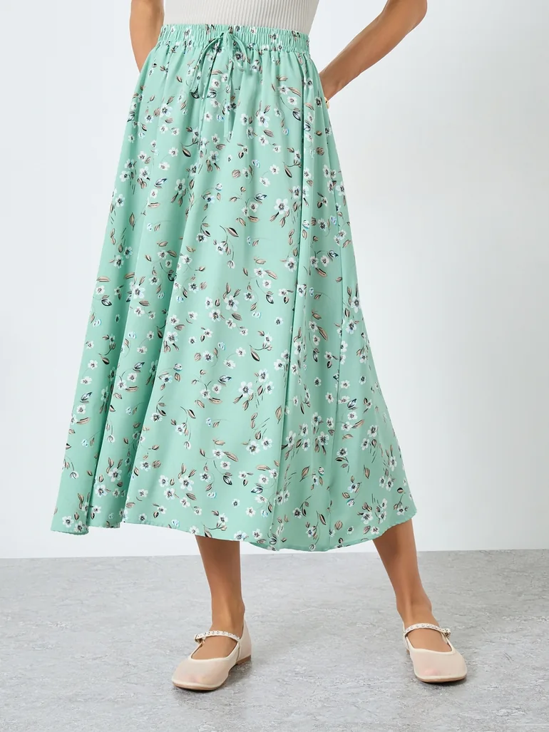 Floral Printed Drawstring Elastic Waist Skirt - 1