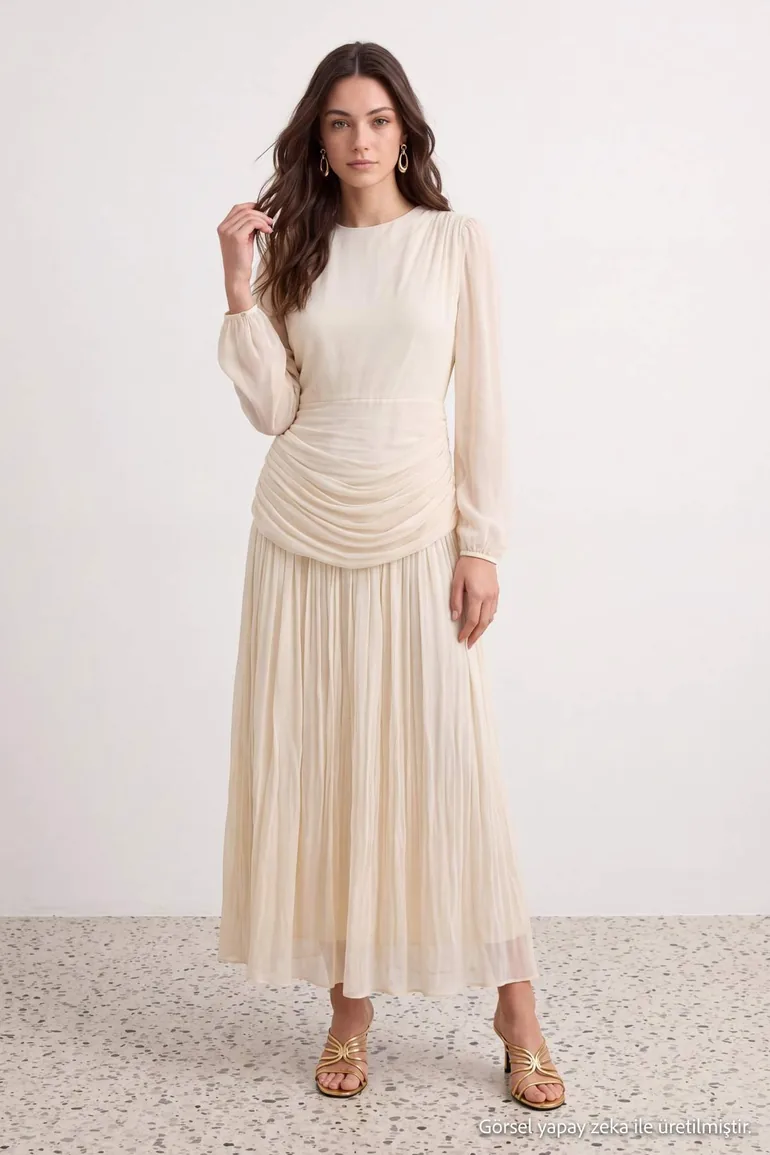 Ecru Skater Yoryo Chiffon Plain Dress&Jumpsuit Hijab Evening Dress