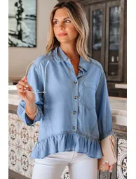 Lvness Blue Half Sleeve Button Down Ruffled High Low Chambray Shirt - 5