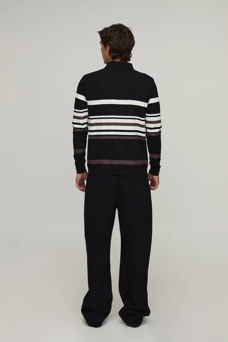 Slim 1/4 Zip Stripe Long-sleeve Polo - black - 1
