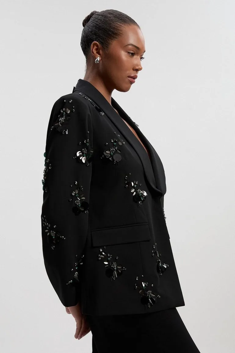 Plus Size Cluster Sequin & Crystal Embellished Tailored Single Breast Blazer - 2