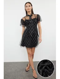 Black A-Line Woven Tulle Dress - 7