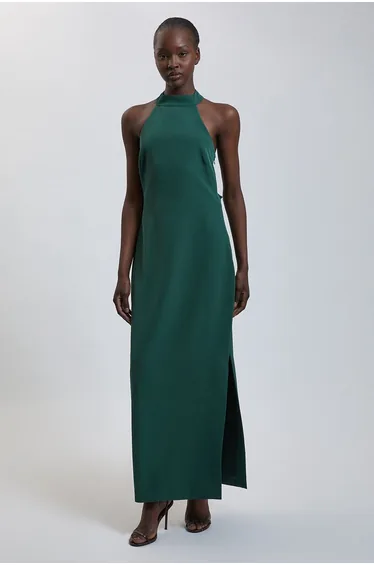 Soft Tailored Halterneck Open Back Maxi Dress