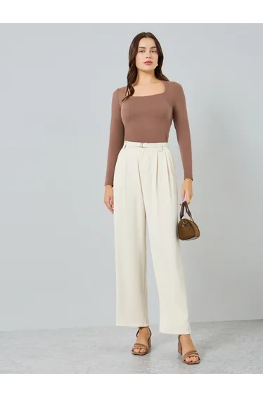 Women Beige Wide Leg Trousers