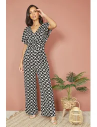 Yumi Black Geometric Print Wrap Jumpsuit - 3