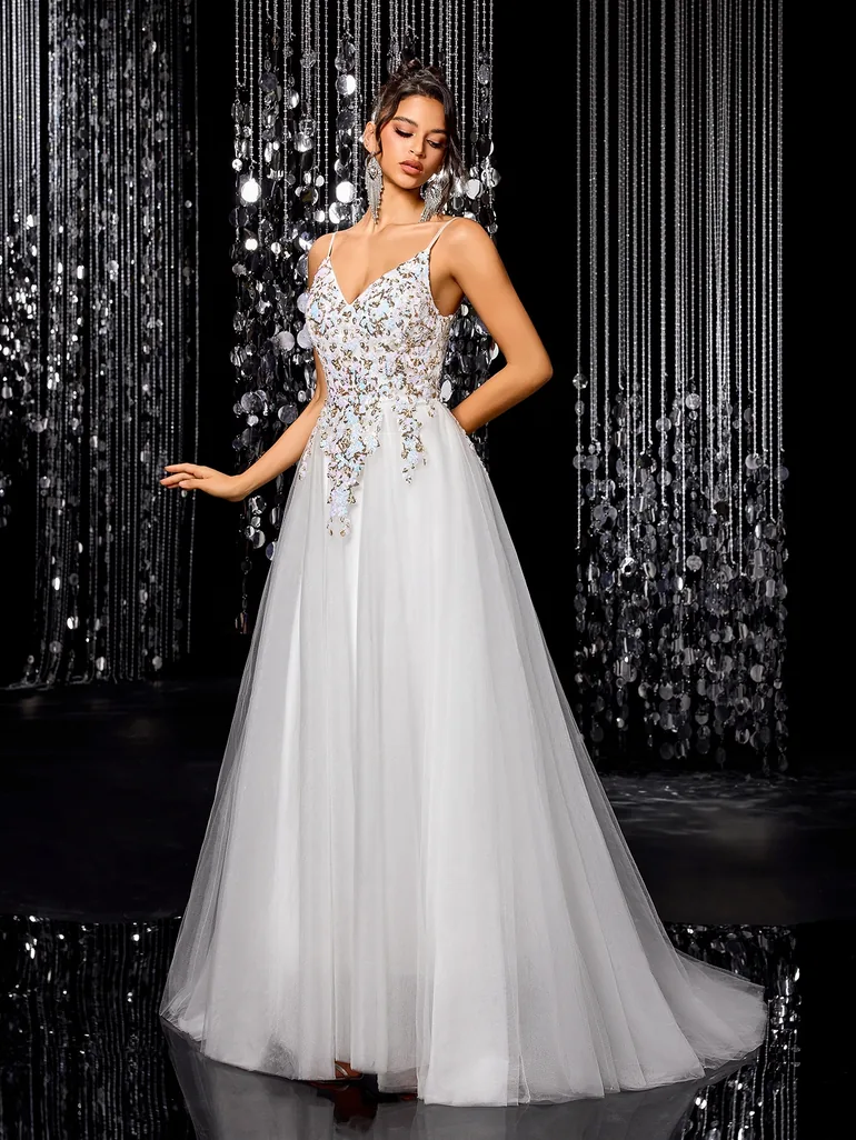 Modecrush Elegant Sequin Embroidered Thin Strap A-Line Wedding Dress - 1