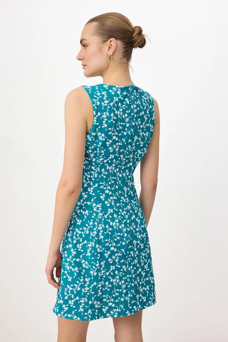 Green-Multicolor Plain A-Line Short / Mini Woven Dress - 3