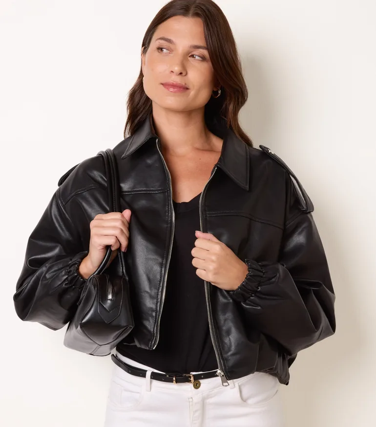 Puffball Zip Front PU Leather Jacket - 1