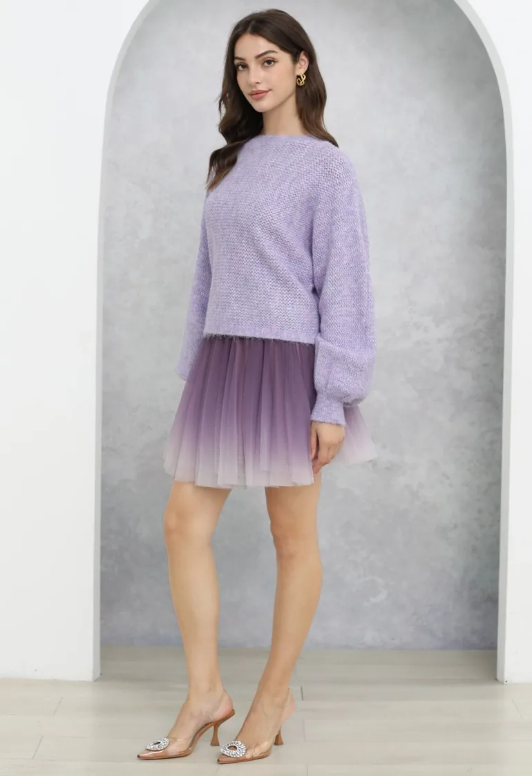 Back Bow Detail Puff Sleeve Waffle Knit Sweater in Lilac - 3