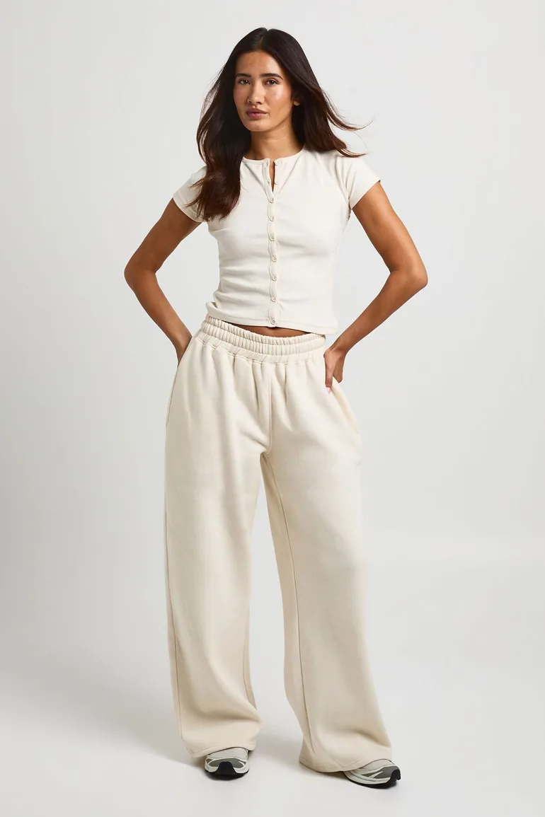 Ribbed Button Through Cap Sleeve Top And Jogger Tracksuit - ecru