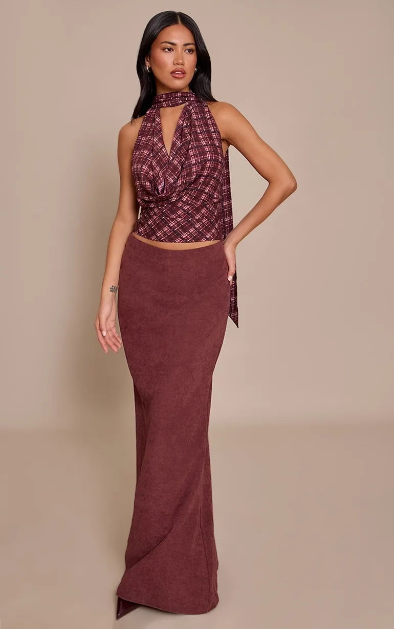 Wine Check Chiffon Extreme Cowl Top - 2