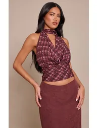 Wine Check Chiffon Extreme Cowl Top - 5
