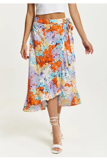 Women's Multicolour Floral Print Midi Wrap Skirt with Frill Details and Asymmetrical Hem .
