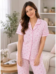 Pink Piping Detail Cotton Shirt and Pyjama Set - 3