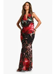 Leopard Floral Mix Chiffon Halterneck Floor Length Dress - multi