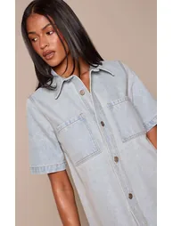 Tall Light Blue Contrast Stitch Denim Shirt Dress - 3